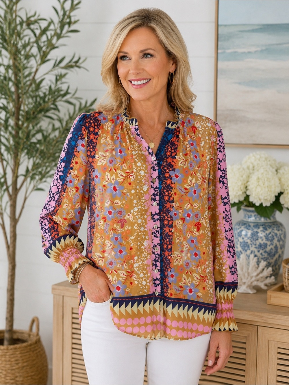 NWT David Cline Floral Work of Art Blouse, Small